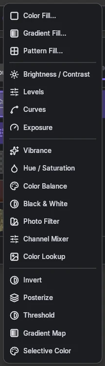 The adjustment and fill menu