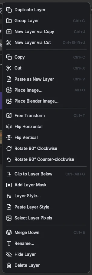 The layer menu (right-click a layer)